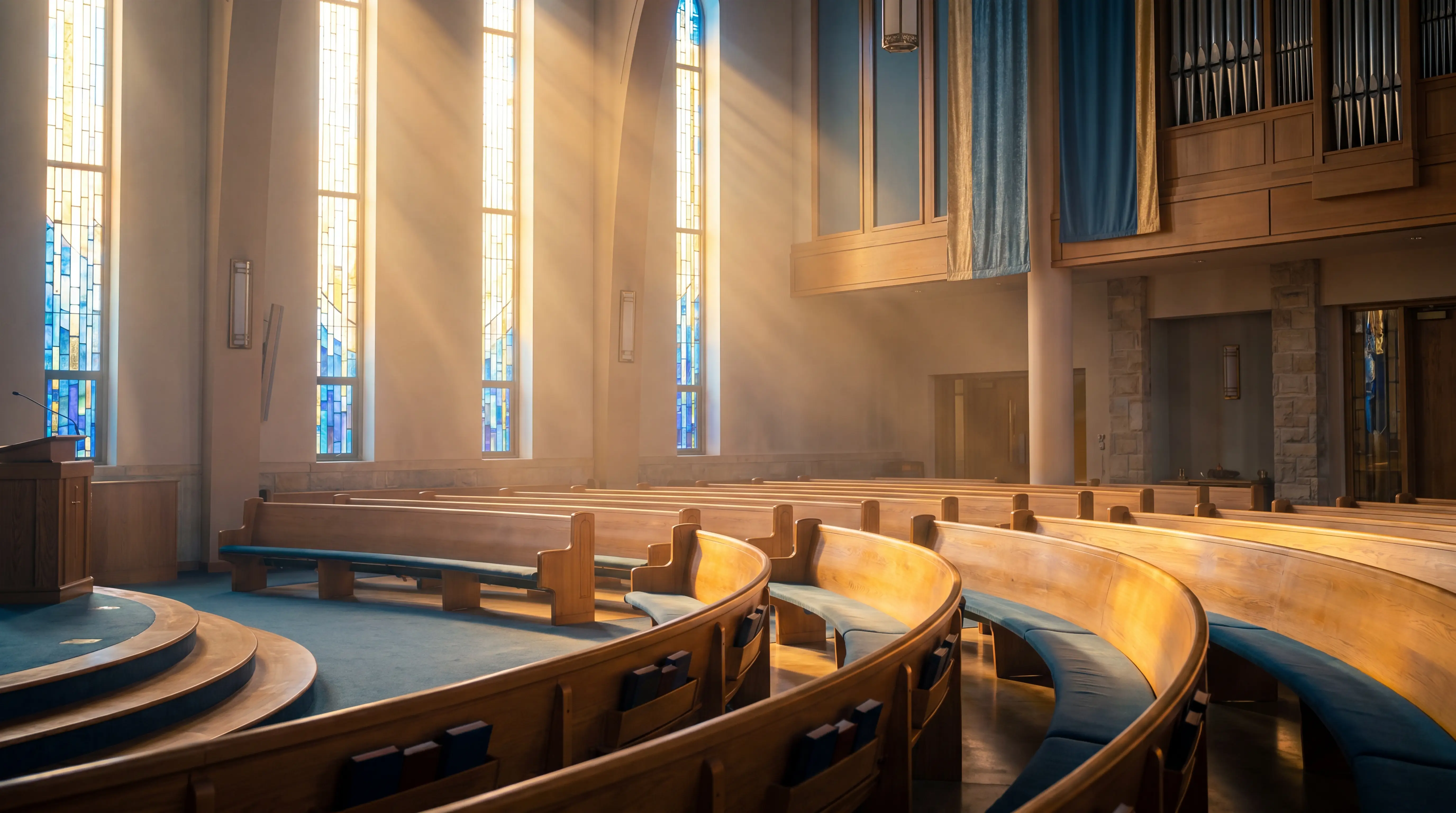 Modern church sanctuary bathed in warm light