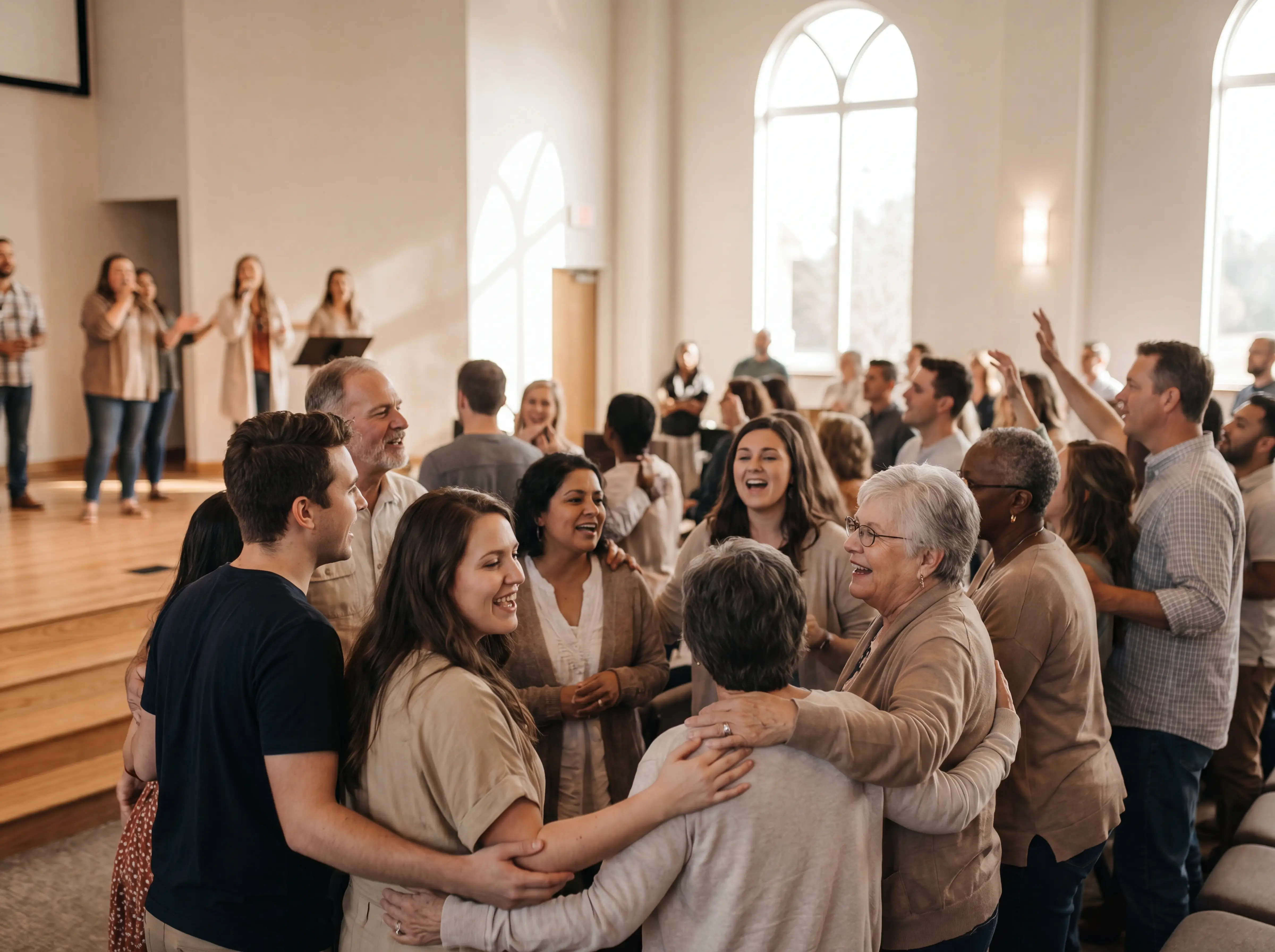 Diverse congregation gathered in a bright modern church